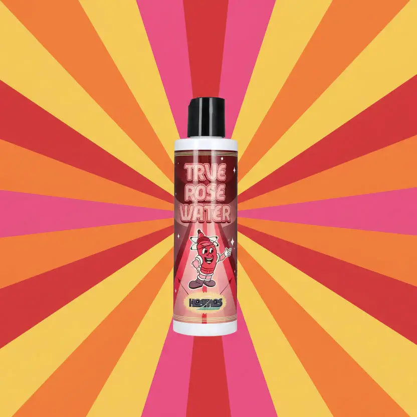A vibrant red and white Kosmos true rose water bottle with a cartoon label and black cap