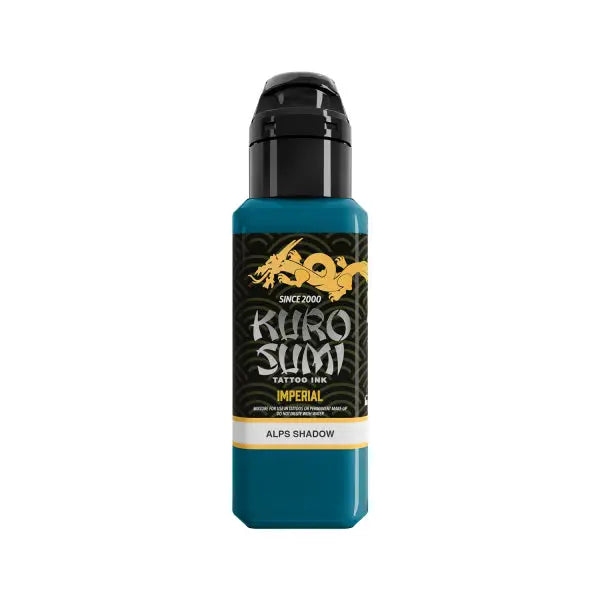 Teal kuro sumi imperial tattoo ink bottle with black cap and gold dragon logo labeled alps shadow v2