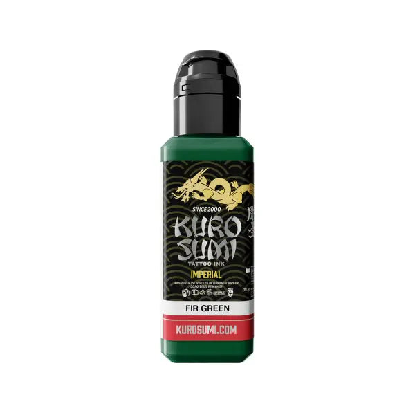 A sleek green bottle of kuro sumi imperial tattoo ink fir green with a black cap and gold dragon logo on the label