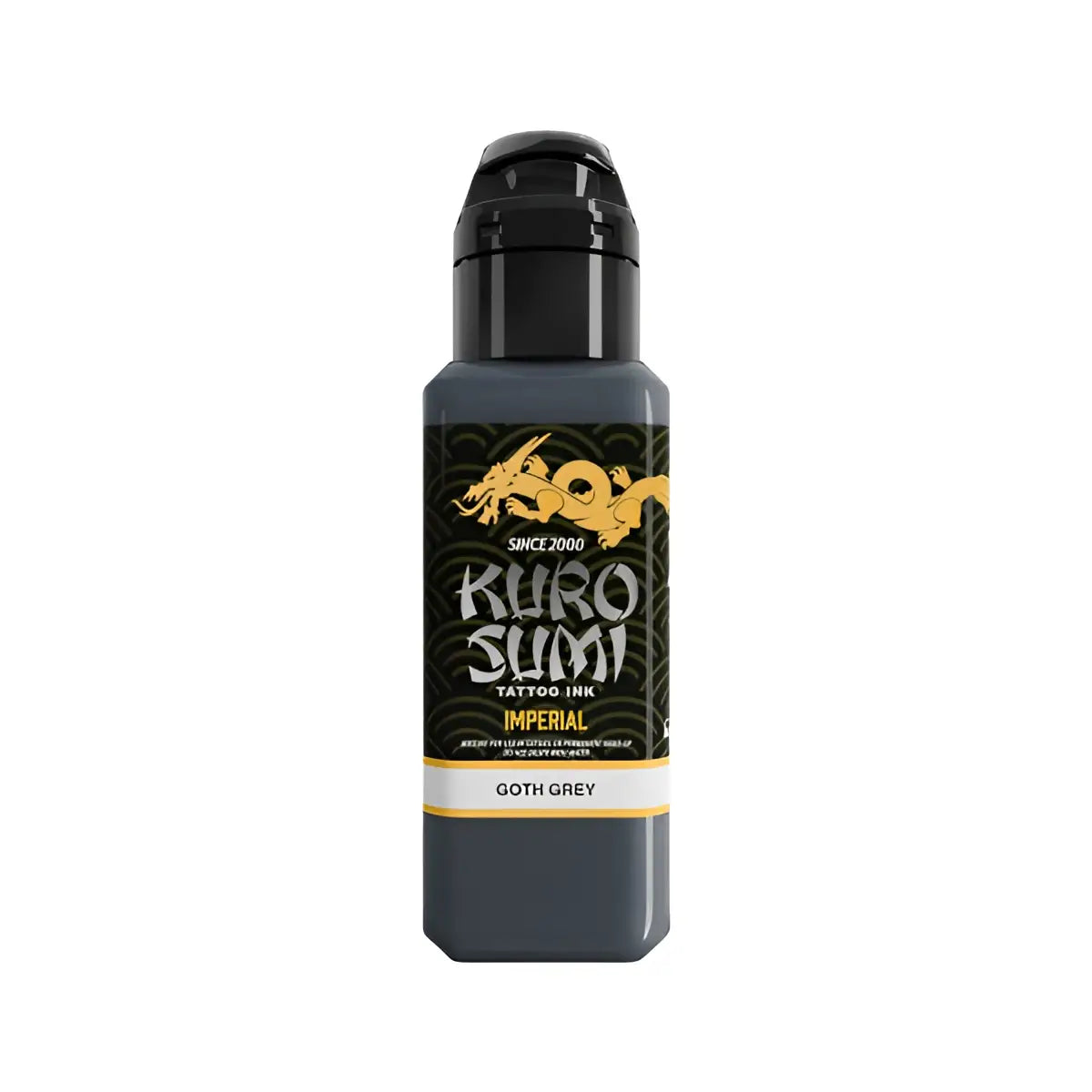 Eine elegante schwarze Flasche mit kuro sumi imperial tattoo Farben in Goth Grey, Gold-Drachen-Logo und auffälliger weißer Schrift
