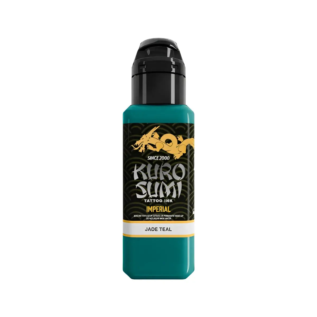 Kuro Sumi Imperial Tattoo-Farben in Jade-Türkis in einer eleganten transparent-grünen Flasche mit schwarzem Deckel und goldenem Drachenlogo