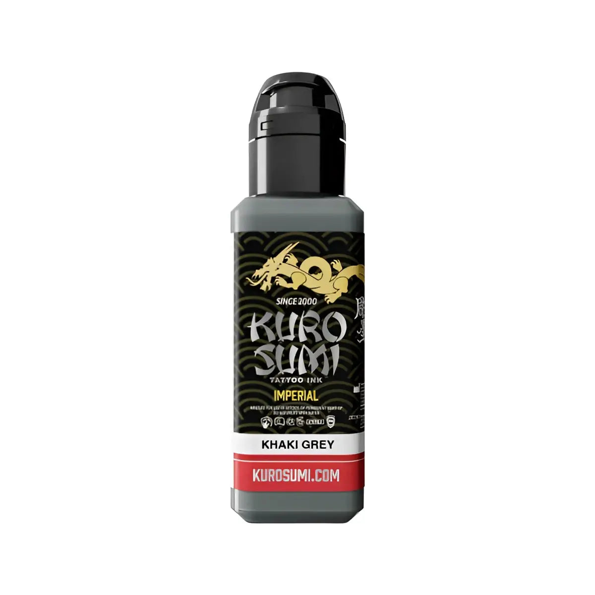 Kuro sumi imperial tattoo Farben in Khaki-Grau in einer eleganten schwarzen Flasche mit goldenem Drachenlogo und rotem Branding