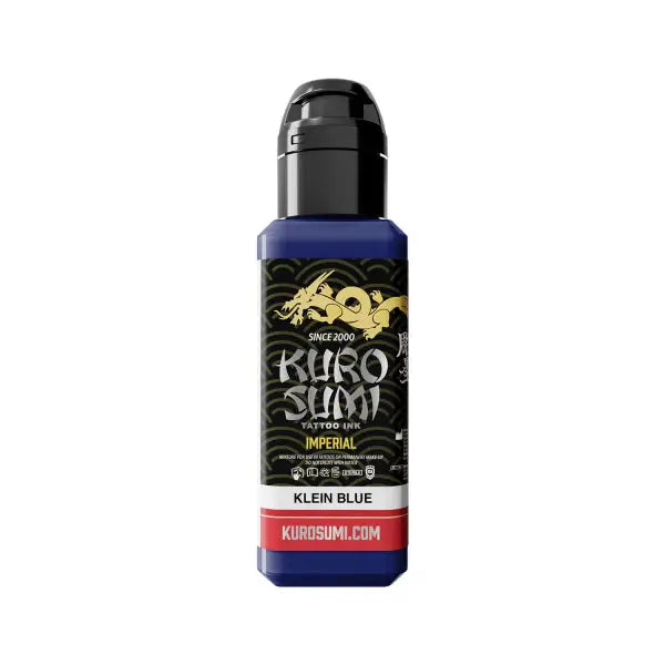 Kuro sumi imperial tattoo ink in klein blue in a sleek blue bottle with black cap and gold dragon design