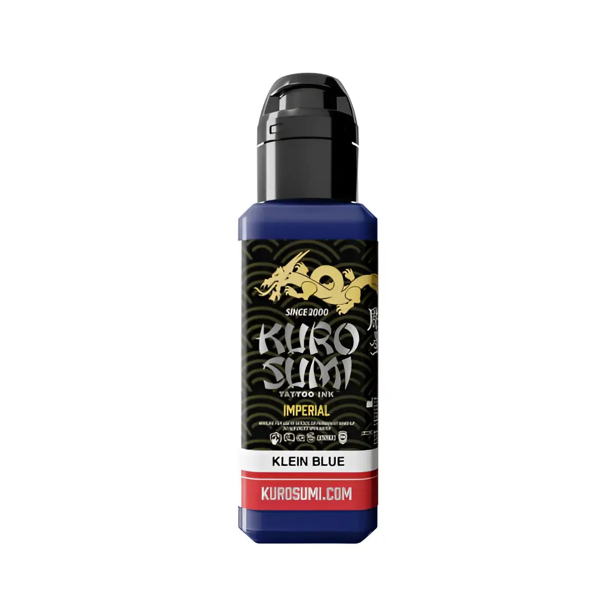 Kuro sumi Imperial Tattoo Farben in Kleinblau in einer eleganten blauen Flasche mit schwarzem Deckel und goldenem Drachenmotiv