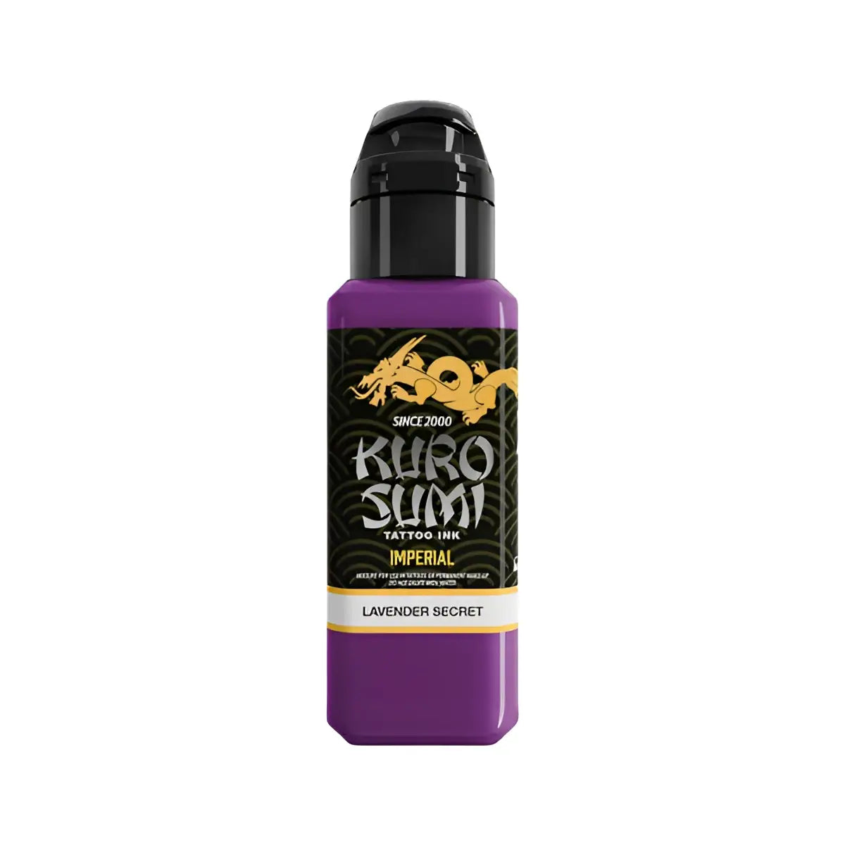 Kuro sumi Imperial Tattoo-Farben in der Flasche in Purple Lavender Secret mit schwarzem Deckel und goldenem Drachenlogo auf dem Etikett