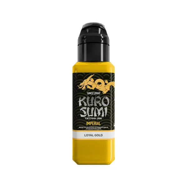A vibrant yellow kuro sumi imperial tattoo ink bottle with black cap and gold dragon label for loyal gold design