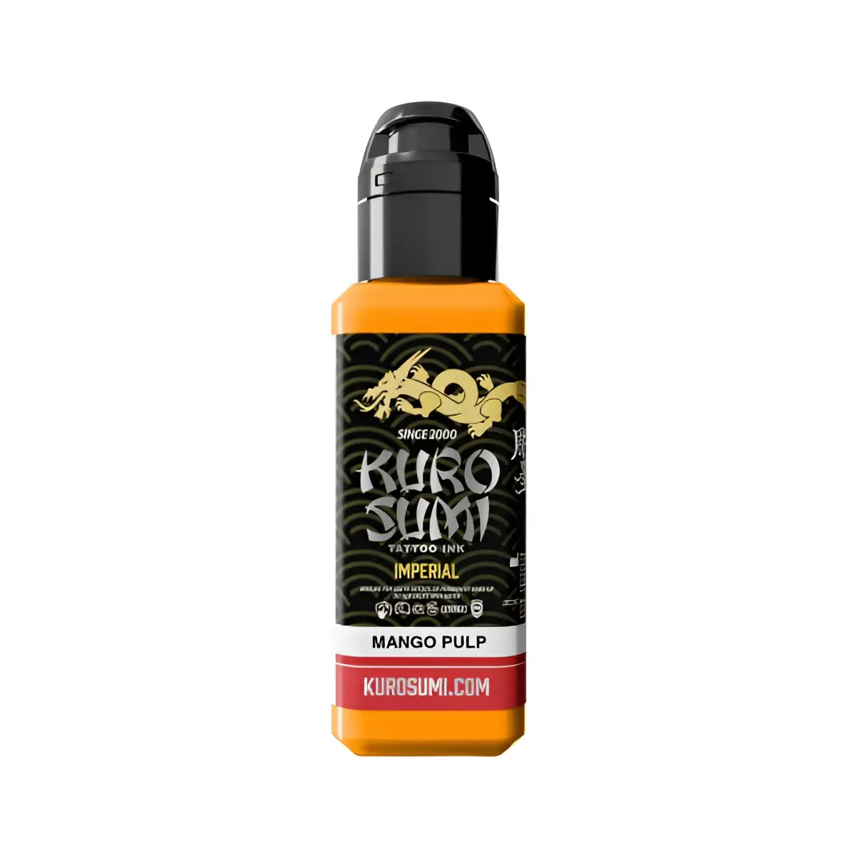 Kurosumi Imperial Tattoo-Farben Mango-Pulp in einer orangefarbenen Pigmentflasche mit schwarzem Deckel und goldener Drachenmarke