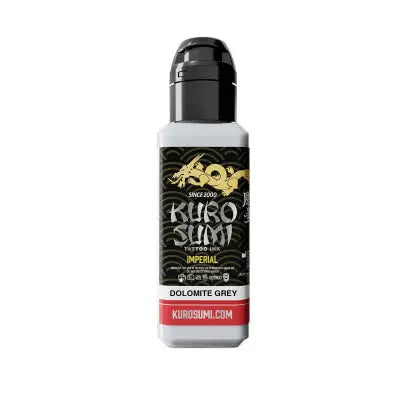 Kuro sumi imperial tattoo ink bottle in dolomite grey with black cap and gold dragon label on dark background