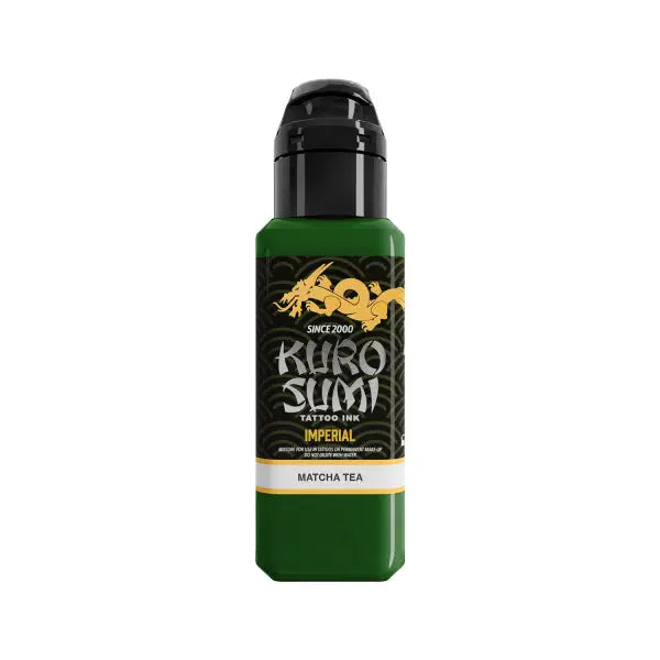 Green Kuro Sumi imperial tattoo ink bottle with black cap and gold dragon logo matcha tea v2 color