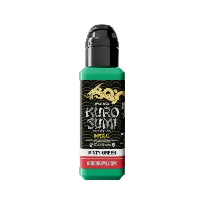Kuro sumi imperial tattoo ink in minty green in a sleek transparent bottle with black cap and gold dragon logo