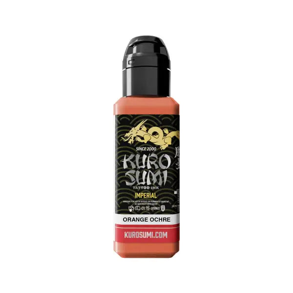 Kuro sumi imperial tattoo ink in orange ochre with gold dragon branding in a sleek black-topped bottle