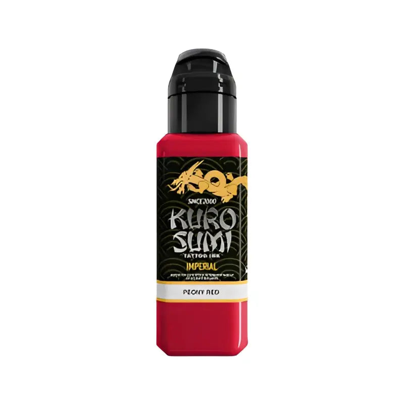 Auffällige rote kuro sumi Imperial-Farben-Flasche mit schwarzem Deckel und goldenem Drachenlogo auf dem Etikett