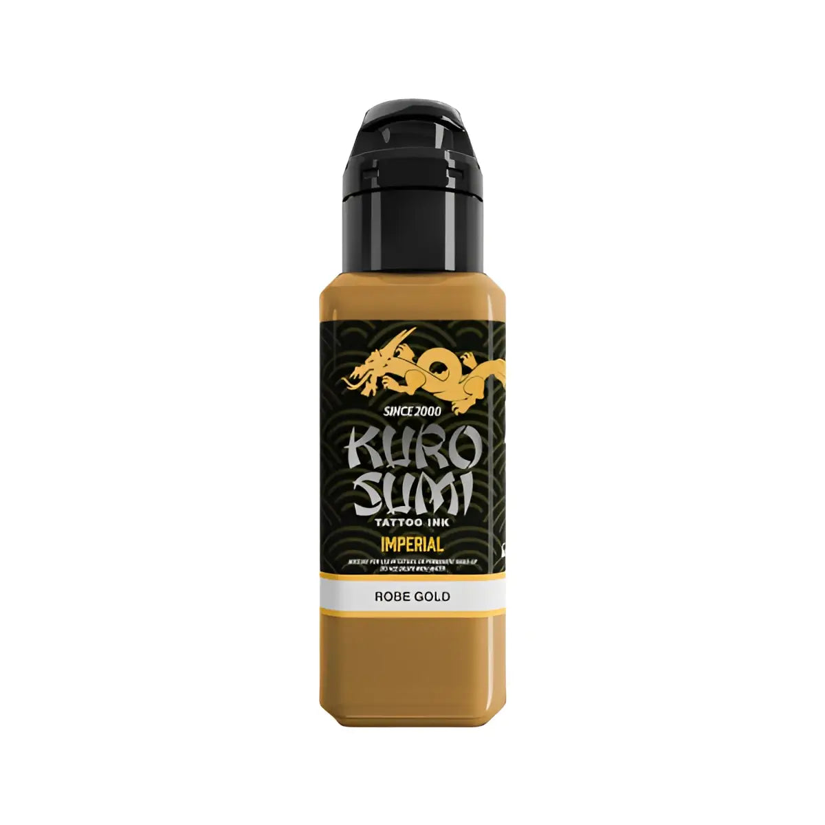 Eine elegante bernsteinfarbene Flasche mit kuro sumi imperial tattoo Farben im Farbton Robe Gold v2 für professionelle Tätowierungen