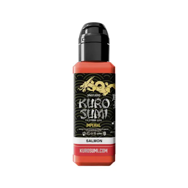 A vibrant orange-red kuro sumi imperial tattoo ink bottle with black cap and gold dragon logo on its label
