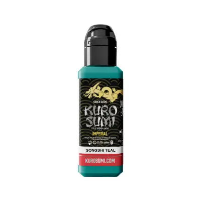 A teal-colored kuro sumi imperial tattoo ink bottle with a black cap and gold dragon logo on the label