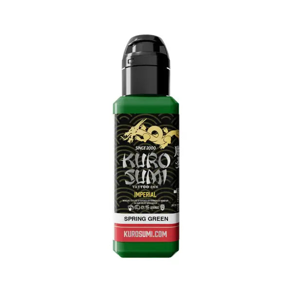 Green kuro sumi imperial tattoo ink bottle with black cap and gold dragon logo in spring green color