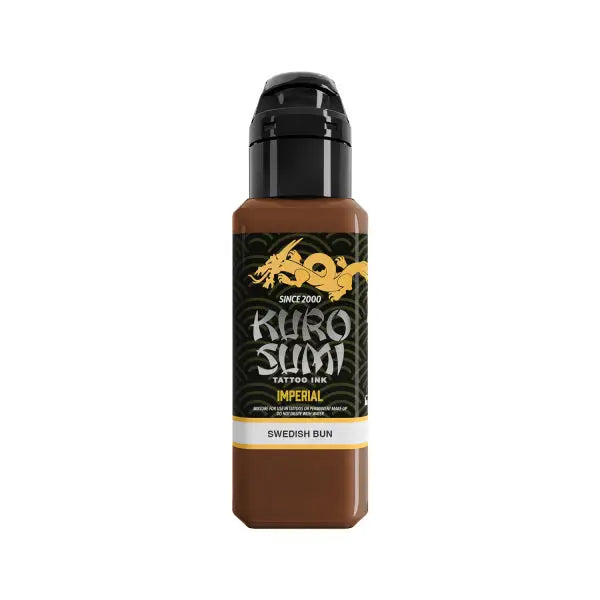 Kuro sumi imperial tattoo ink in a sleek brown bottle with black cap and gold dragon logo Swedish brun color