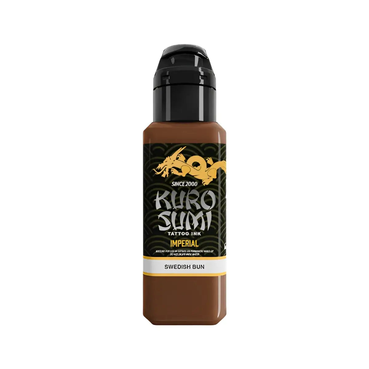 Kuro sumi imperial tattoo Farben in einer eleganten braunen Flasche mit schwarzem Deckel und goldenem Drachenlogo, schwedisch-braun