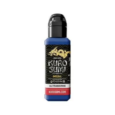 A sleek blue bottle of kuro sumi imperial tattoo ink ultramarine with a black cap and gold dragon logo on the label