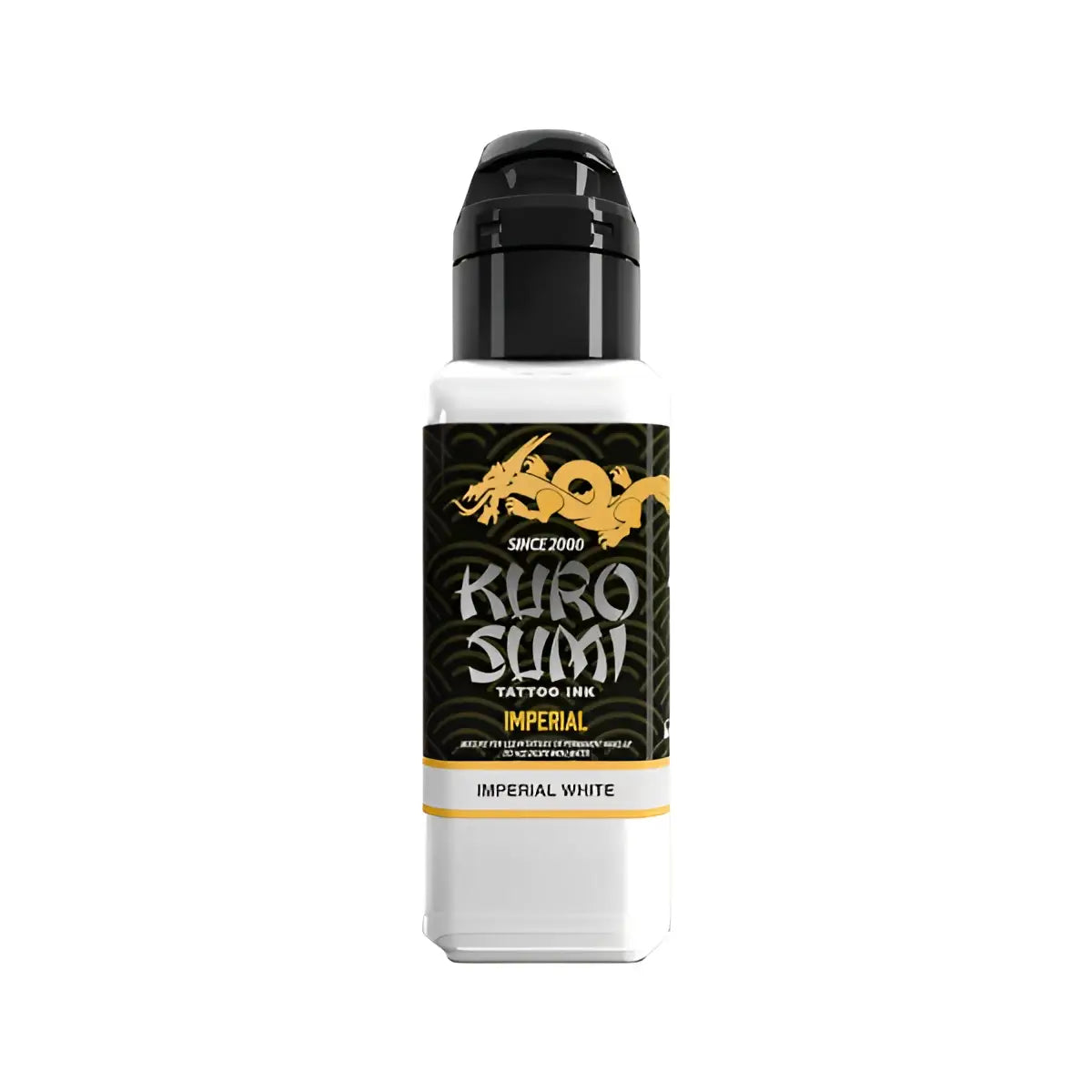Kuro sumi imperial tattoo Farben in Imperial White in einer eleganten weißen Flasche mit schwarzem Deckel und goldenem Drachenlogo