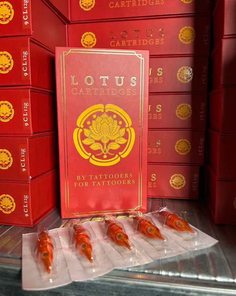 Red box of lotus cartridges with gold foil branding and lotus emblem containing round shader tattoo machine cartridges