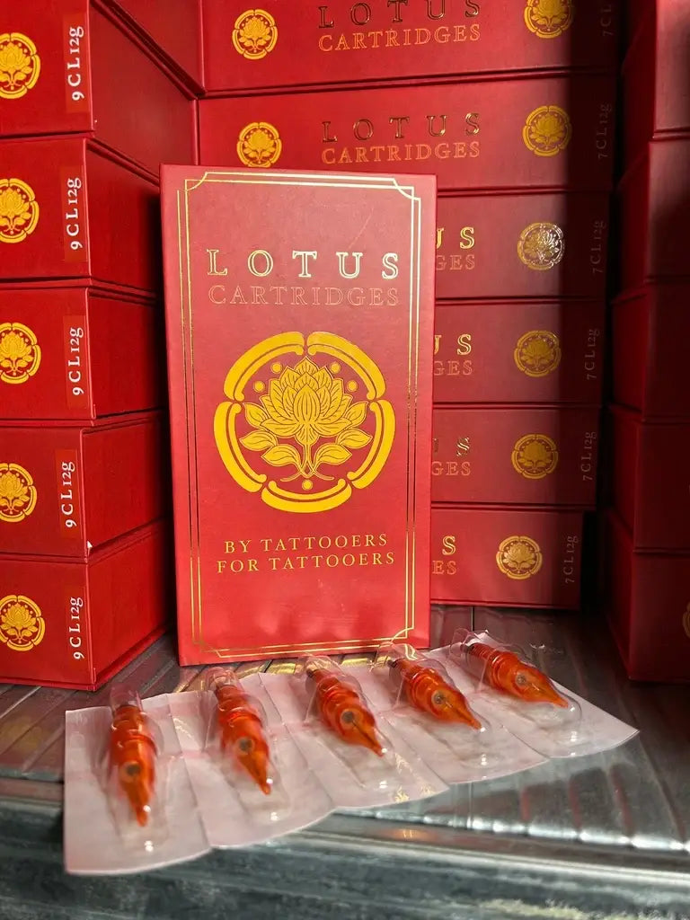 Red box of lotus cartridges with gold foil branding and lotus emblem containing round shader tattoo machine cartridges