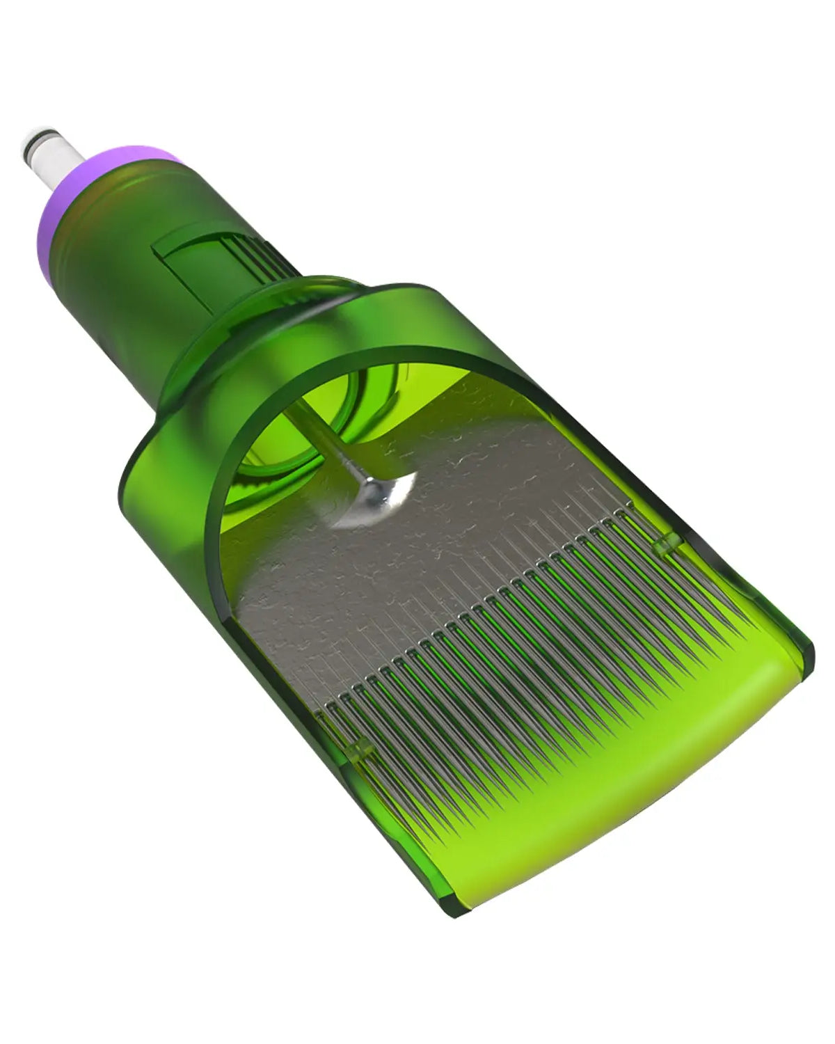 Green translucent plastic metrix signature needle cartridges with purple cap and visible metallic needles for tattooing