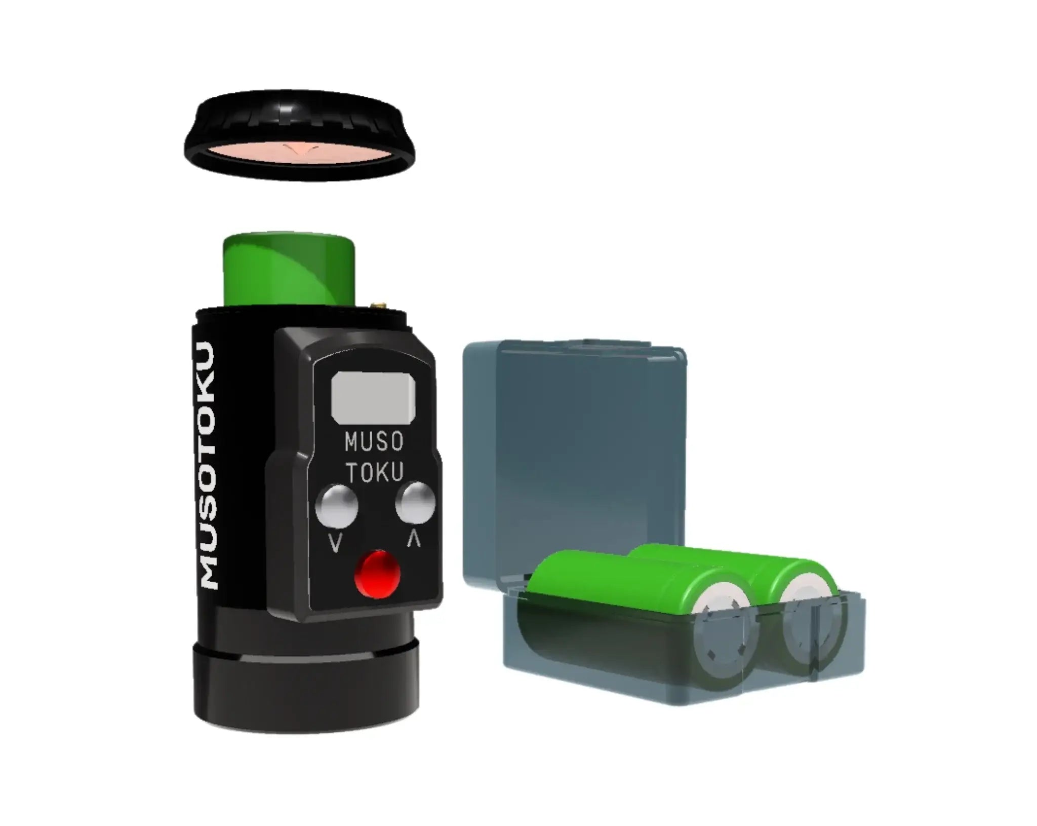 Black cylindrical musotoku universal r-1 light meter with green battery pack and digital display