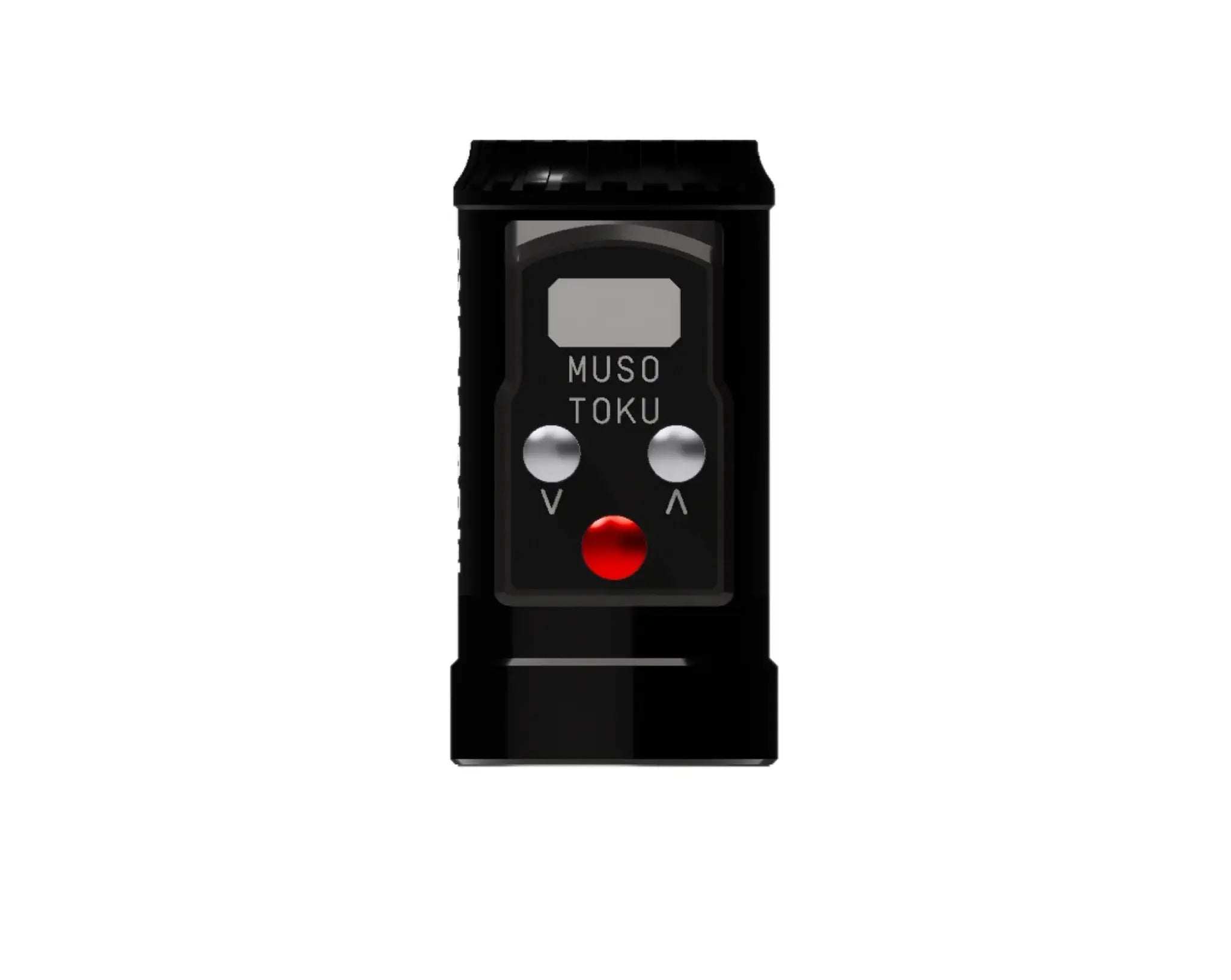 Black plastic musotoku universal r-1 remote control with silver buttons and red center button for battery pack use