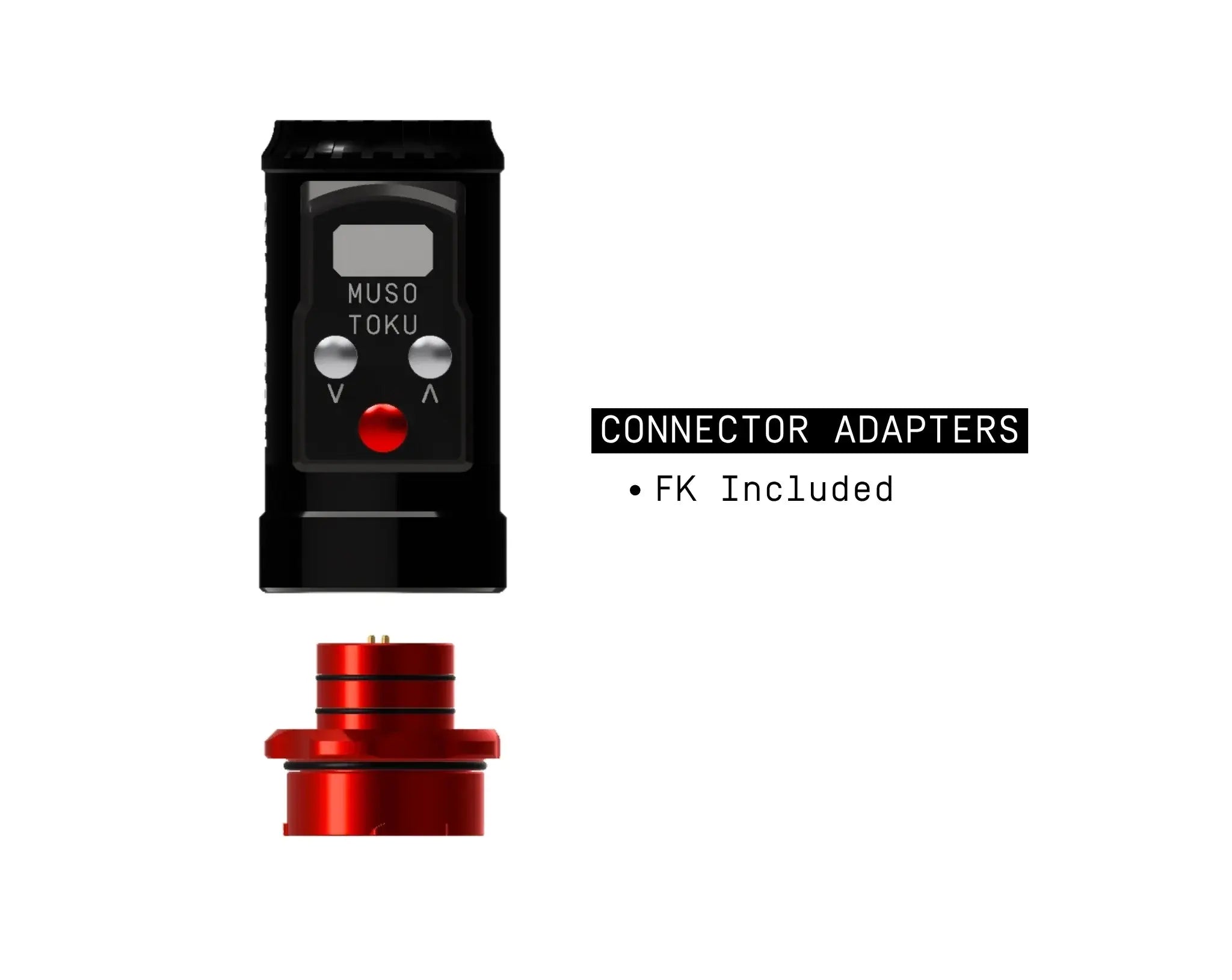 Black and red muso toku connector adapter set with a sleek rectangular black controller with silver and red buttons