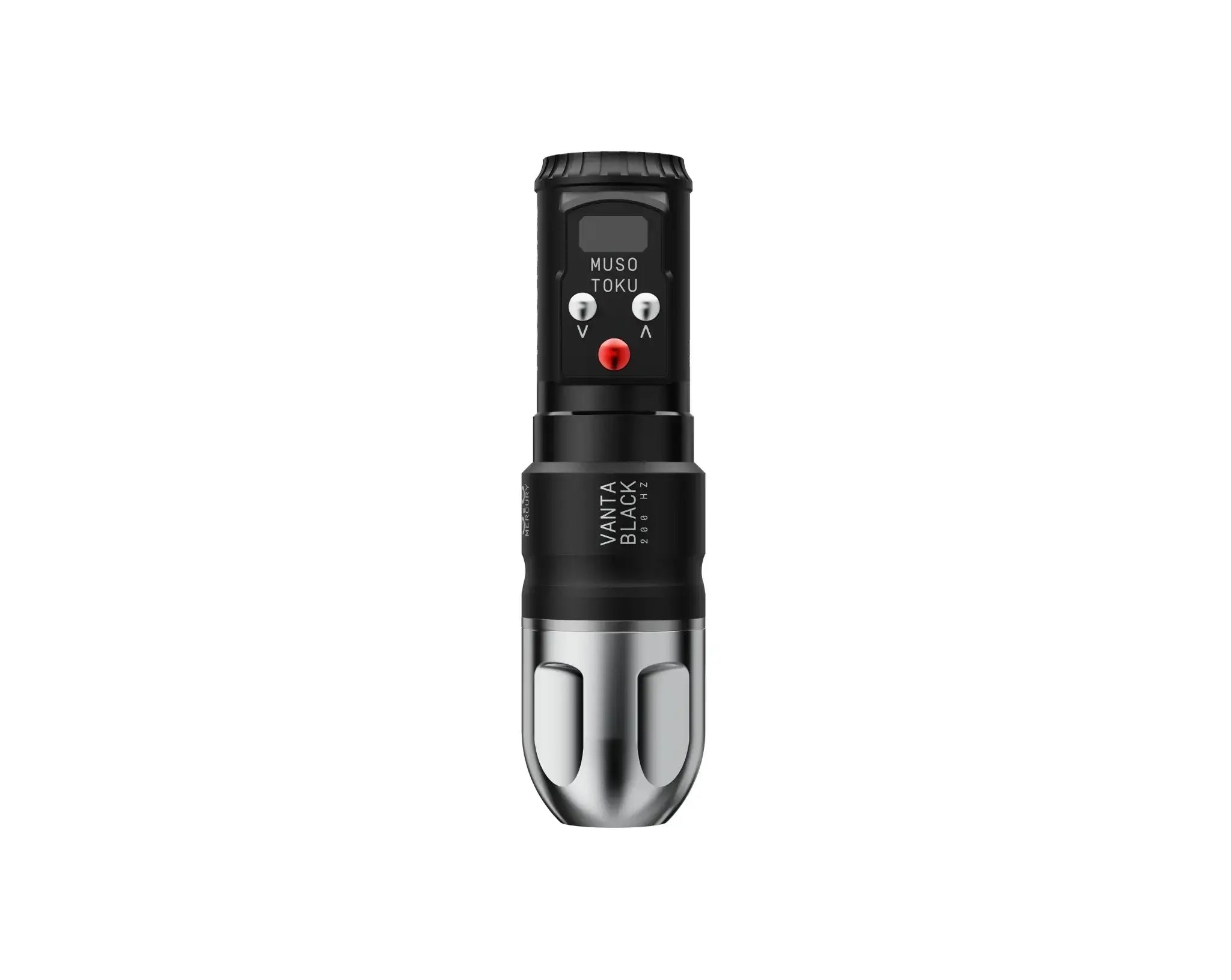 Musotoku Vanta-Black-Edition Mercury M-1 kabellose Tattoo-Maschine in Schwarz und Silber mit digitaler Anzeige und ergonomischem Griff