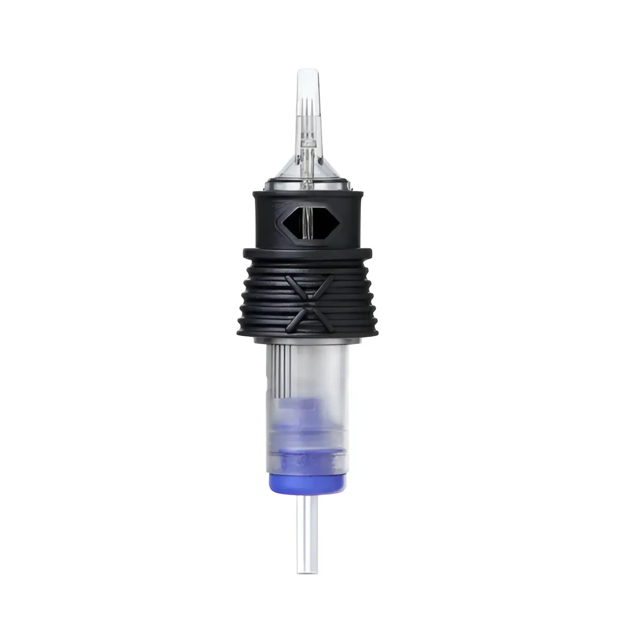 Black and transparent tattoo needle cartridge with blue base and x-shaped grip for stipple whip pepper shading