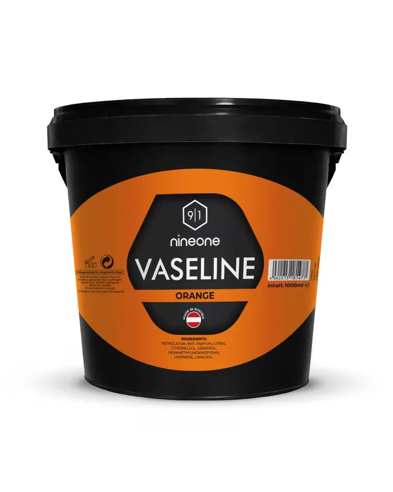 A black plastic bucket of nineone vaseline orange 1000 ml designed for stressed skin care