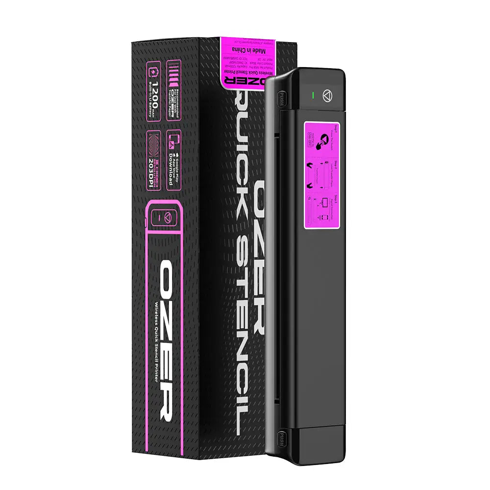 Black ozer wireless quick thermal stencil printer with sleek rectangular design and vibrant pink accents on display and packaging