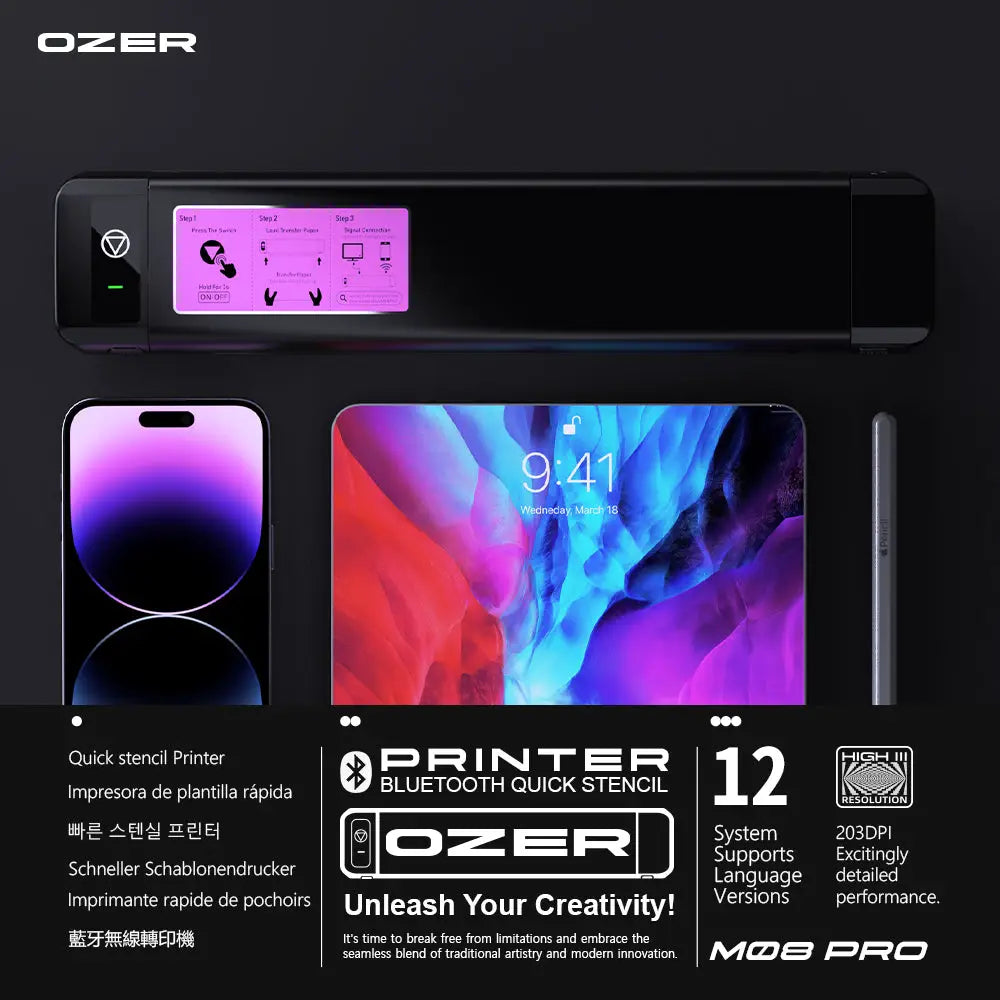 Black ozer m08 pro bluetooth quick stencil printer with sleek modern design and vibrant purple display screen