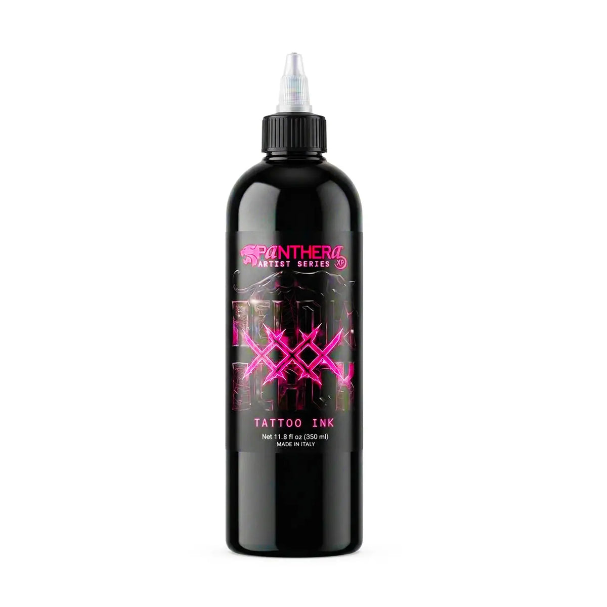 Black plastic bottle of panthera artist series xxx drawing ink with vibrant pink and black neon-style label for drawing ink use