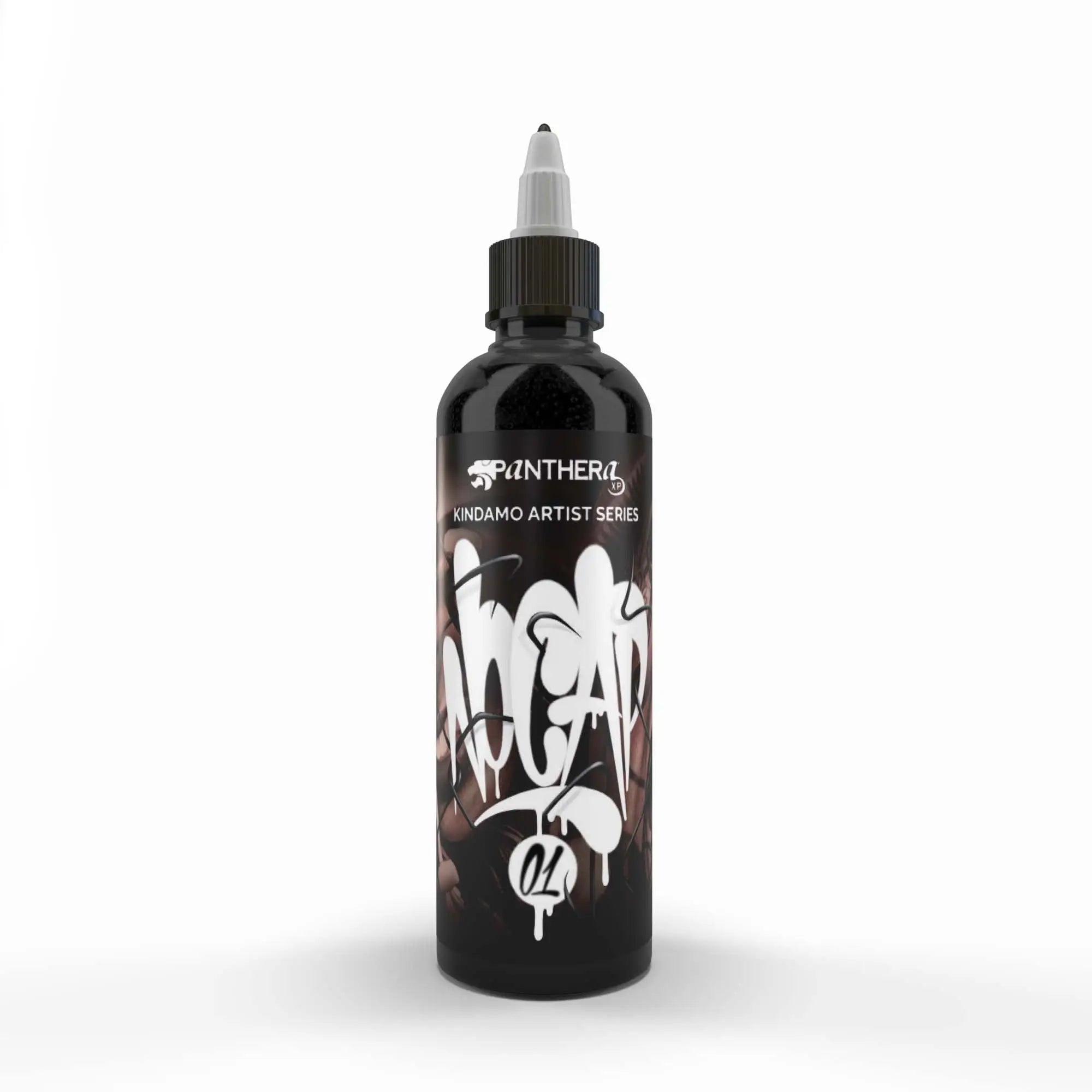 Black plastic spray bottle with white nozzle cap labeled panthera kindamo artist series featuring white graffiti artwork