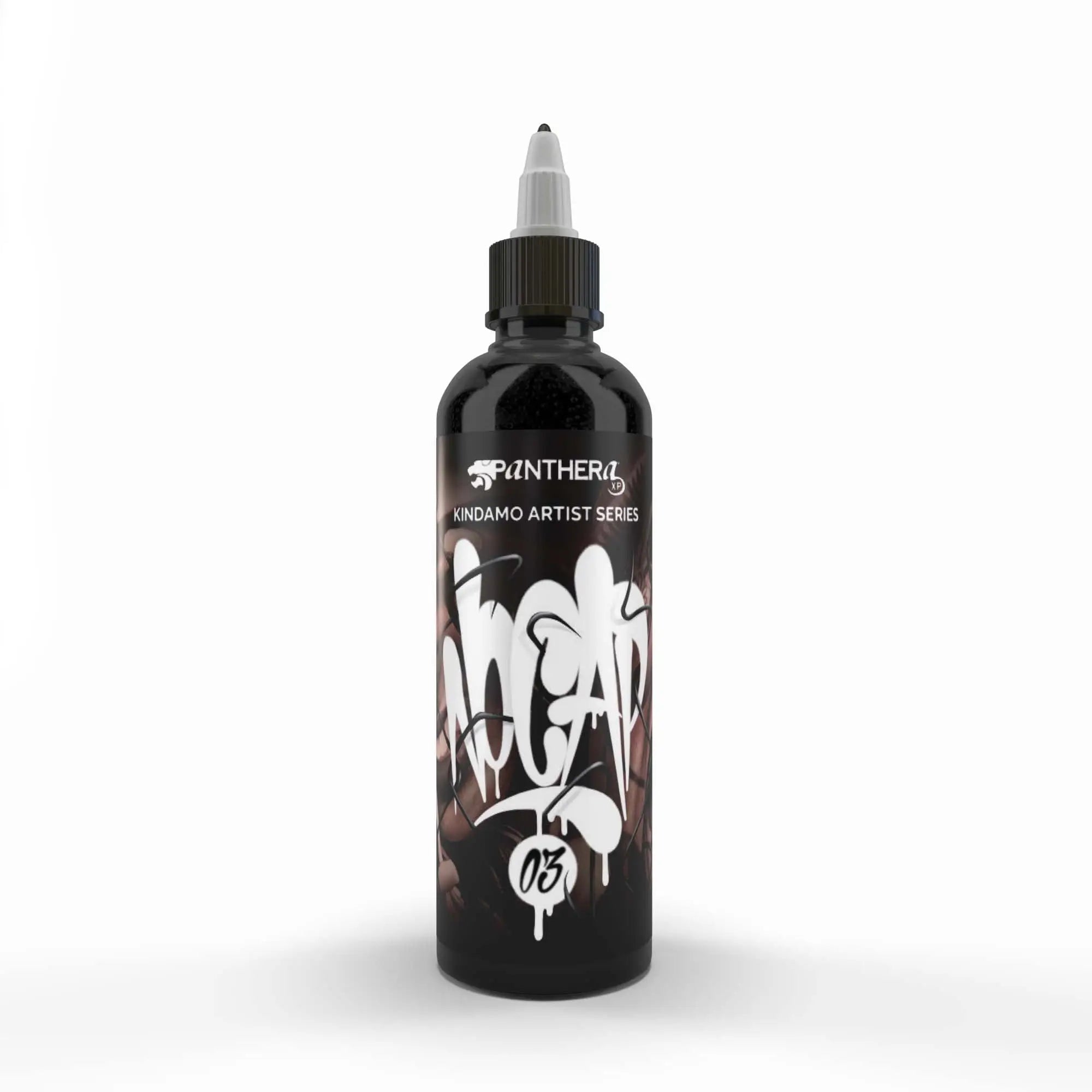 Black plastic spray bottle with white nozzle cap labeled panthera kindamo artist series featuring graffiti lettering