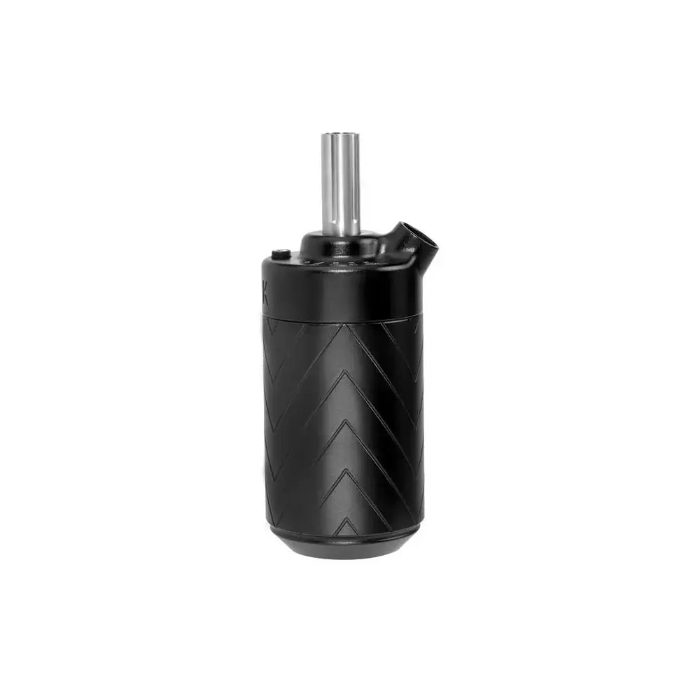 Black cylindrical tattoo machine with textured chevron pattern and silver metallic needle holder from peak forge wireless battery grip