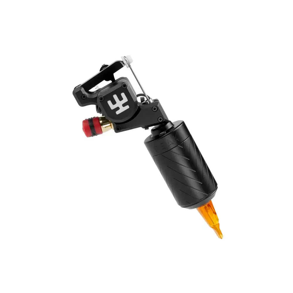 Black tattoo machine with red and gold handle and orange needle tip featuring the PEAK Forge wireless battery grip