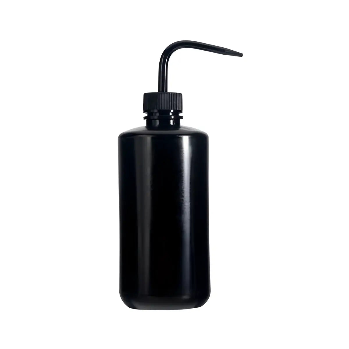 Black plastic rinse wash squeeze bottle with curved nozzle and ribbed cap for easy dispensing