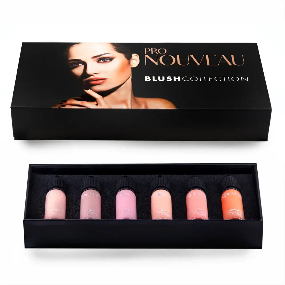 Black rectangular box with six pro nouveau blush collection bottles in pink and peach shades with black caps