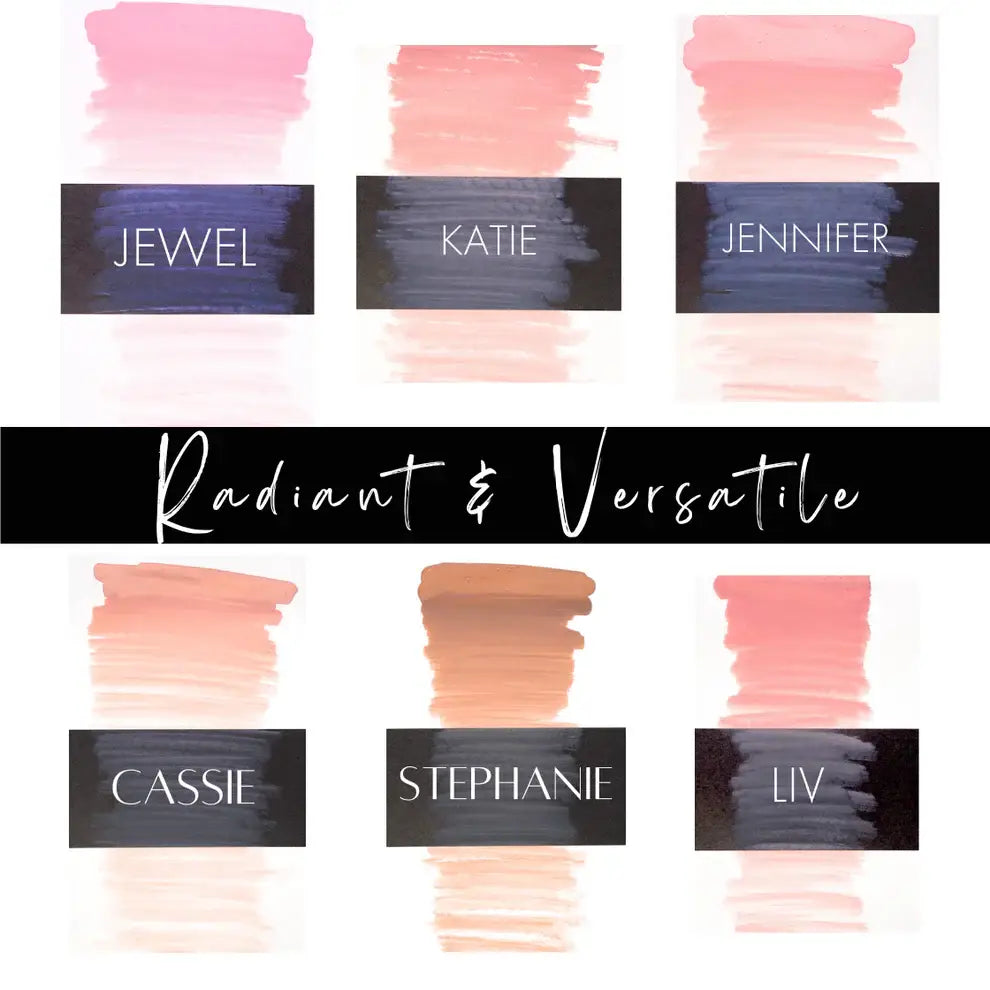 A collection of six soft pink and peach watercolor blush shades from pro nouveau pmu pigment radiant and versatile line