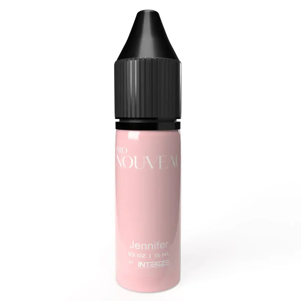 A sleek translucent pink liquid-filled pmu pigment bottle with a black ribbed cap labeled jennifer by intenze