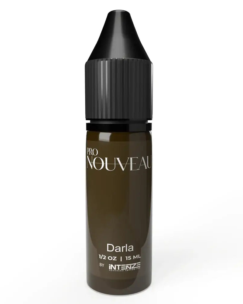 A sleek dark brown glass bottle of pro nouveau darla pmu pigment with black cap and white label by intenze