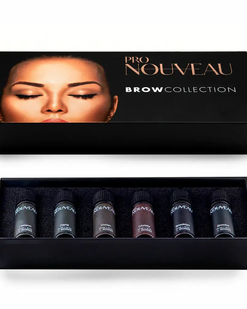 Black rectangular box with six small pro nouveau brow collection eyebrow tint bottles in various shades by leeann