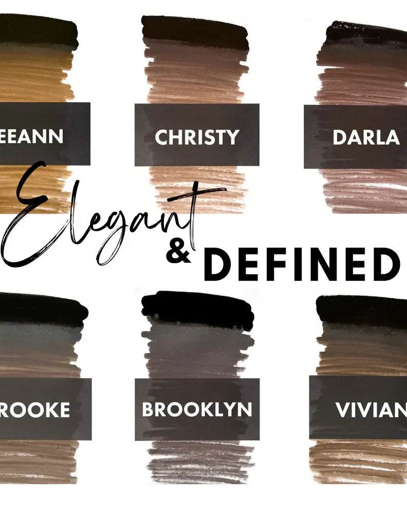 Elegant defined brows collection makeup palette featuring six rich brown to black PMU pigment shades by Leeann
