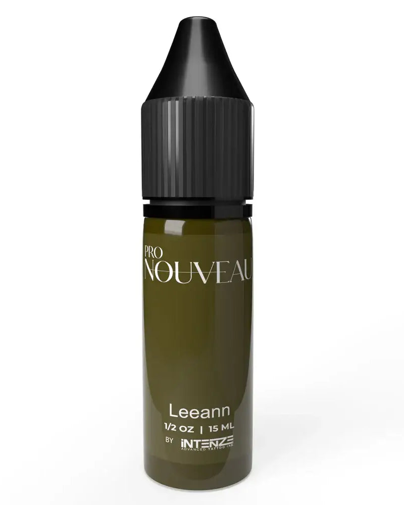 Olive-green glass bottle with black cap labeled pro nouveau by intenze for pro nouveau brows collection pmu pigment