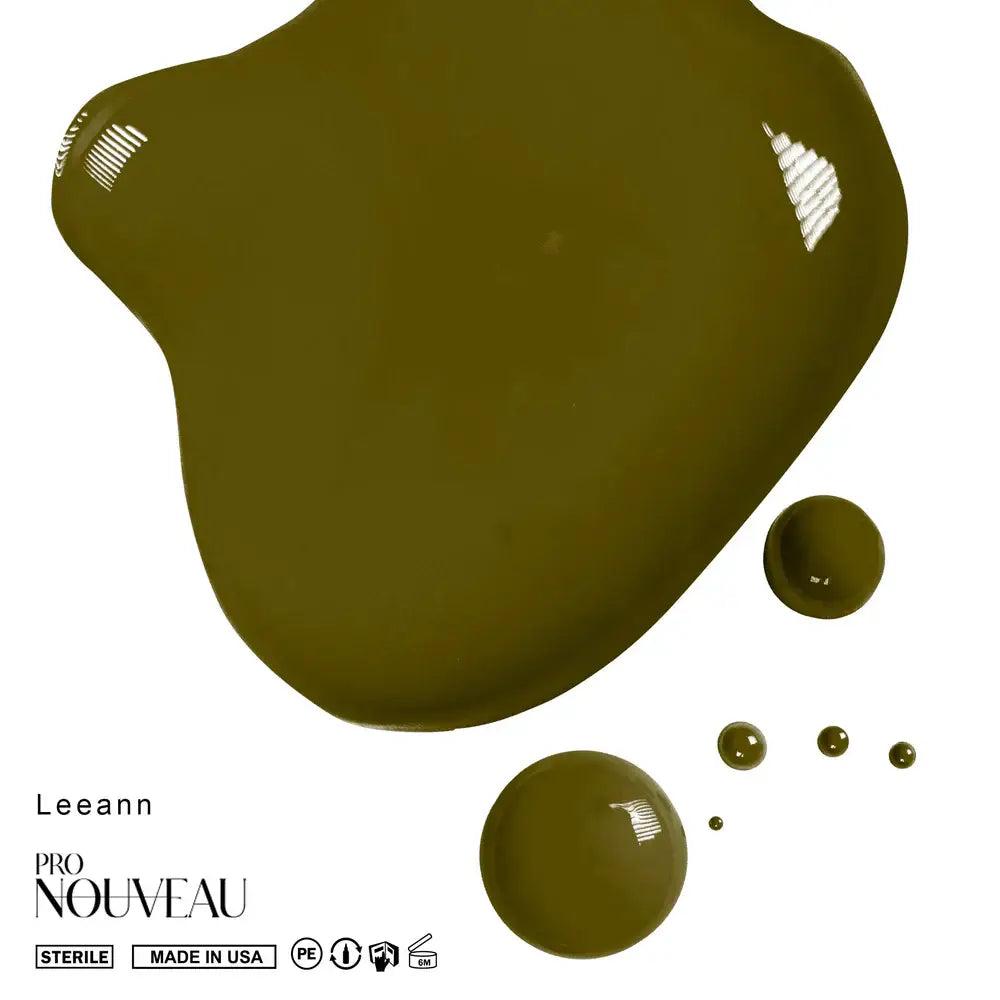 Olive green liquid nail polish in a sleek modern bottle with glossy finish from pro nouveau brows collection pmu pigment leeann