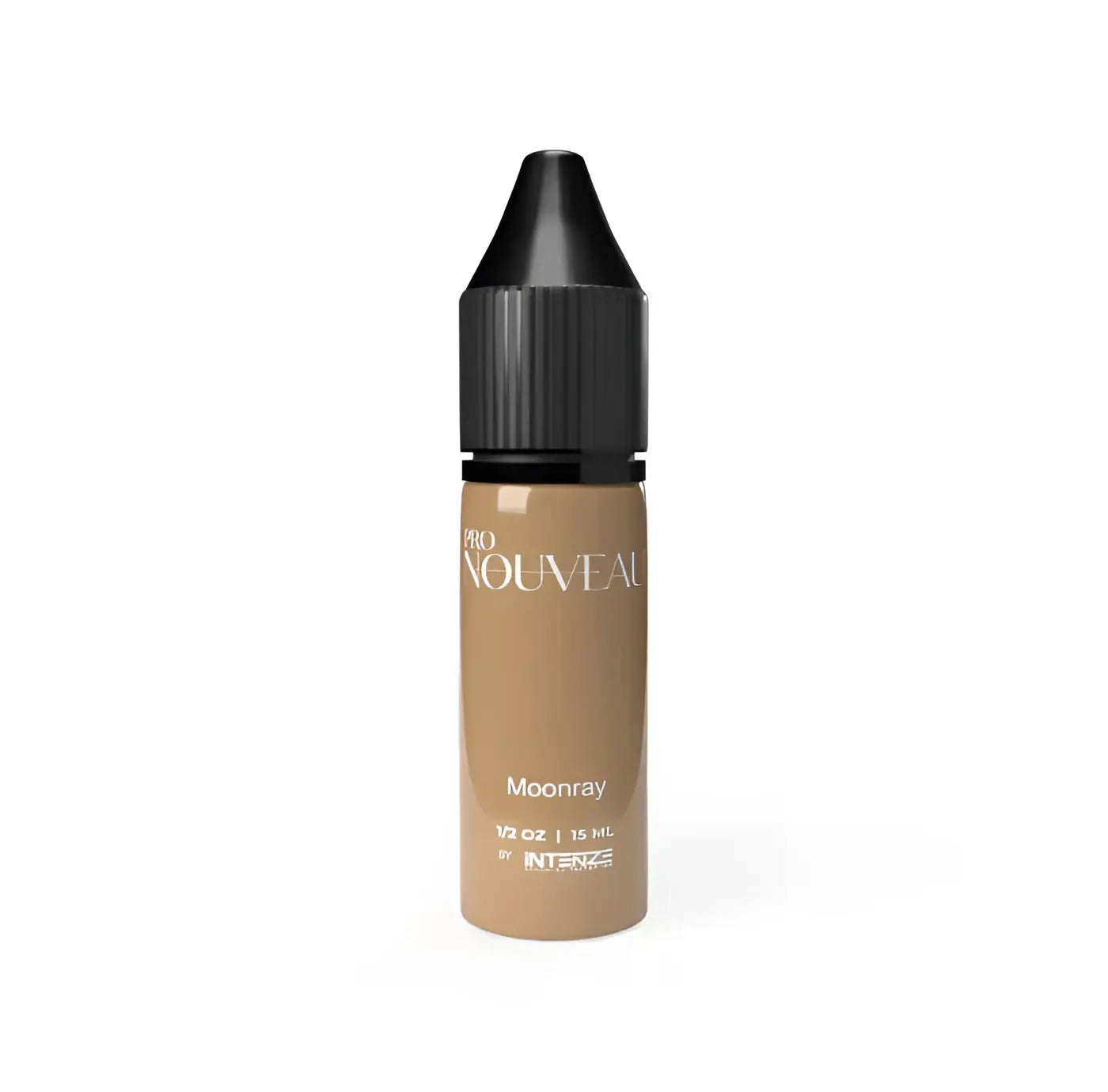 Eine elegante 15 ml matte, hellbraune PRO NOUVEAU Moonray-E-Liquid-Flasche mit schwarzem geripptem Verschluss für die Verwendung mit PMU-Pigmenten
